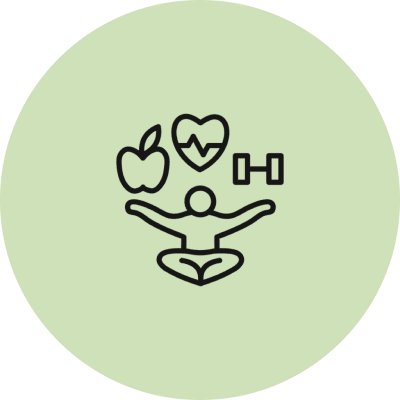 Icon representing health, fitness, and wellness with yoga, nutrition, and exercise.