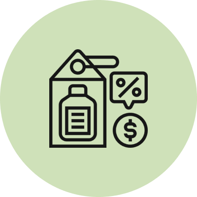 Icon showing a price tag, discount, and dollar sign symbols.