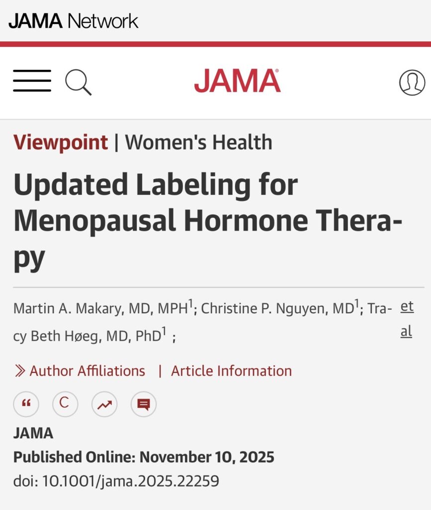 Screenshot of a JAMA article on updated guidelines for menopausal hormone therapy.